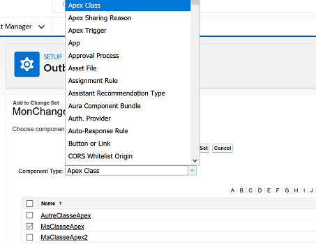 Select Component in change set