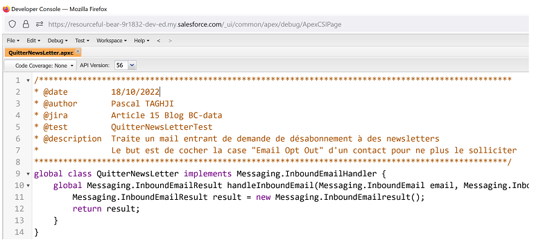 Classe implémentant Messaging.InboundEmailHandler