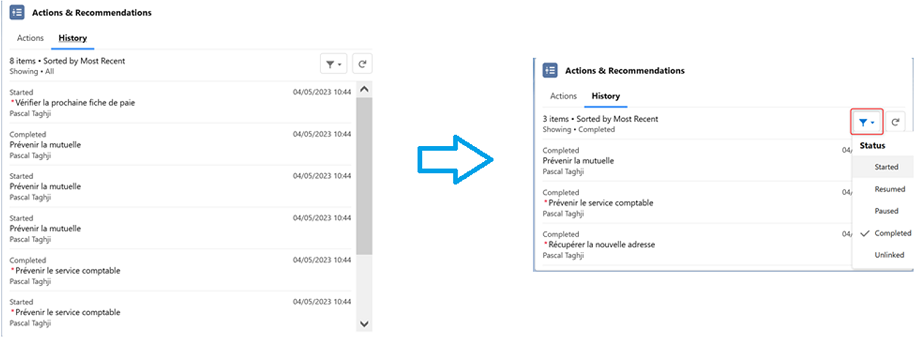 Onglet History du composant Actions and Recommendations