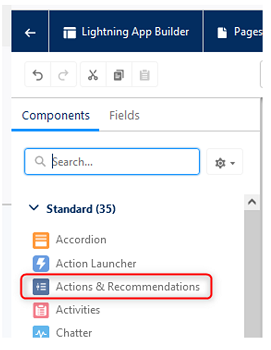 Composant standard Actions and Recommendations dans l'App Builder